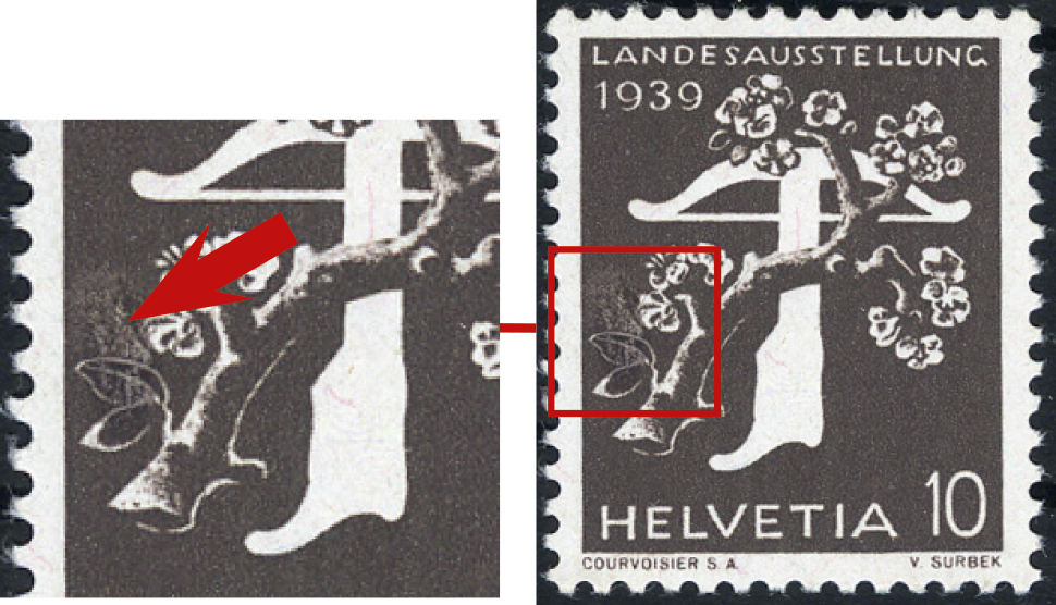 10 Rp. braungrau, Retouche des Plattenfehler