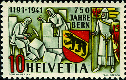 10 Rp. Herzog Berchtold, dunkelgrau-rot,"Rasterfehler rechts der Standarte"