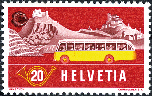 20 Rp. Alpenpost, Abart:" Grosser, braunroter Farbfleck am Horizont", sog. aufgehende Sonne.