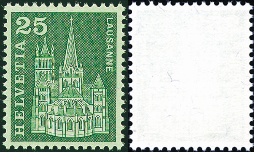 25. Rp Kathedrale Lausanne, grün, "Leuchtstoff rückseitig statt bildseitig"