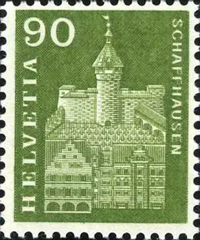 90 Rp. Munot, grünoliv, "Doppelprägung des ganzen Markenbildes"