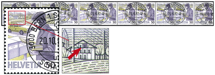 50 Rp. Postbote heute, "Blaues Fenster" im rechten Haus