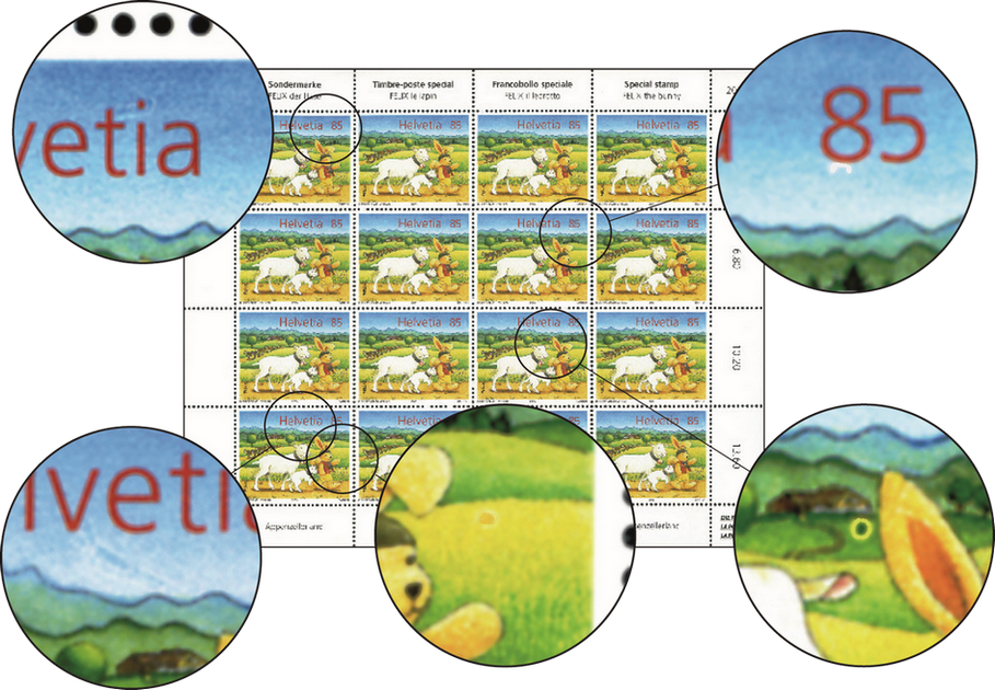 85 Rp. Felix begleitet von Ziegen, "Wolke hinter i von Helvetia", "Putzer unter 8 von 85", "Ohrmarke bei Felix", "grosser Berg unter Helvetia" u. "Osterei in der Wiese"