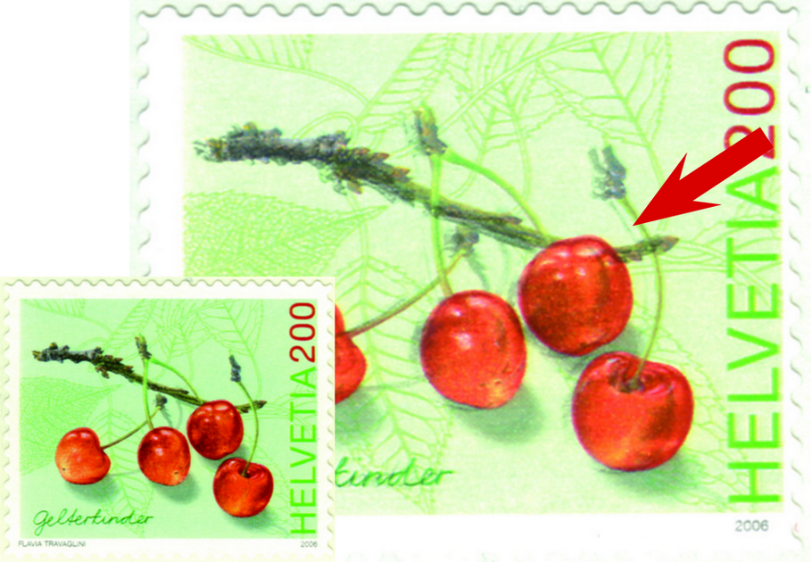 200 Rp. Kirsche, Gelterkinder, "Starke Verschiebung des ganzen Markenbilds", sog. schattierte Kirsche