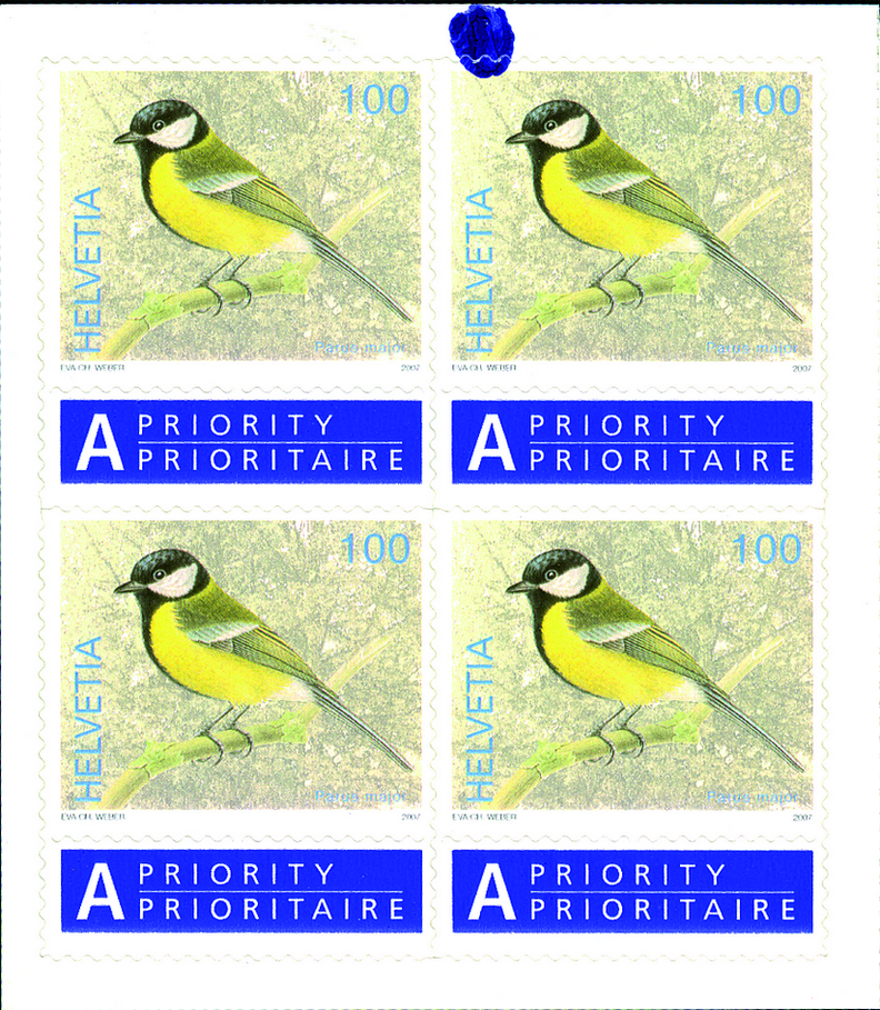 100 Rp. Kohlmeise, "Grosser, blauer Fleck am oberen Rand der 2. Marke"