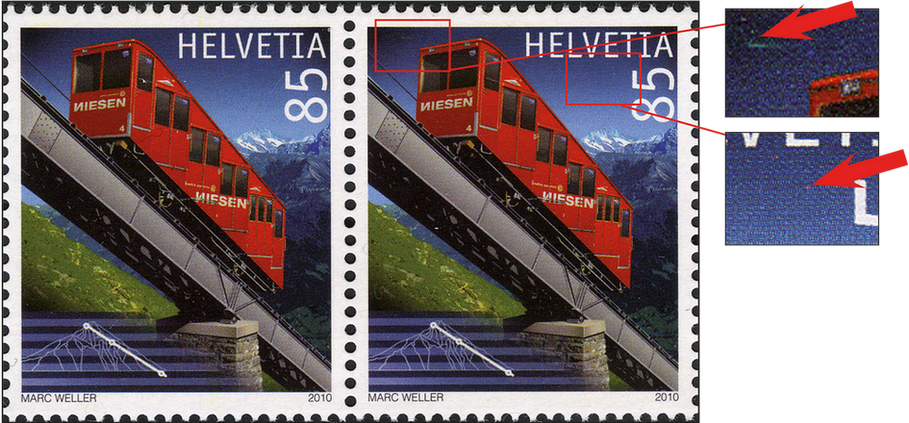 85 Rp. 100 Jahre Niesenbahn, "Hellblauer Haarstrich über der Kabine", "Hellroter Putzer im Himmel"