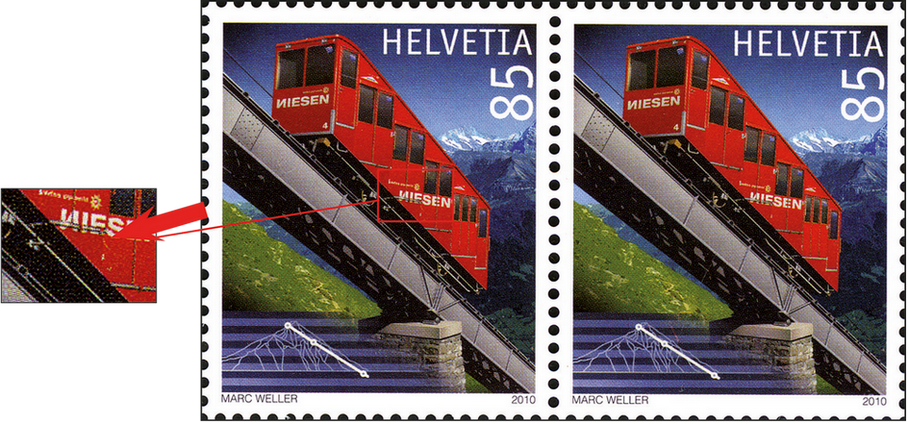 85 Rp. 100 Jahre Niesenbahn, "Zerbrochene Türe - weisser Strich von E von Niesen in die Türe"