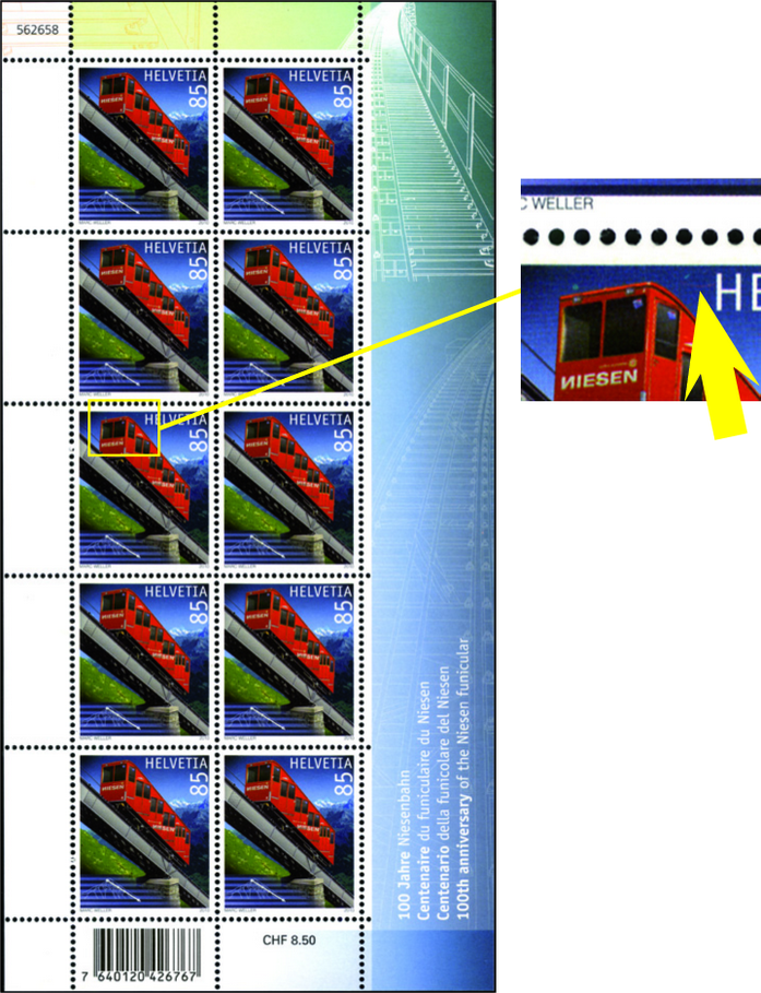85 Rp. 100 Jahre Niesenbahn, "Feiner, hellroter Strombügel von der Kabine zu H von Helvetia und zwei markante, hellblaue Putzer im Himmel"