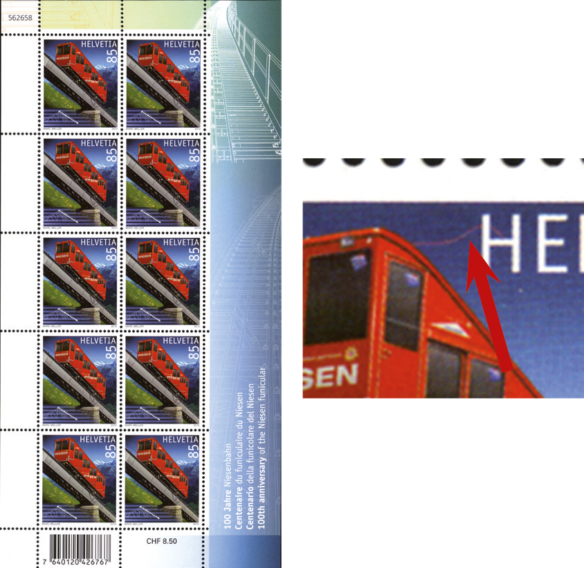85 Rp. 100 Jahre Niesenbahn, &quot;Grosser, hellroter Strombügel von der Kabine zu H von Helvetia im Himmel&quot;