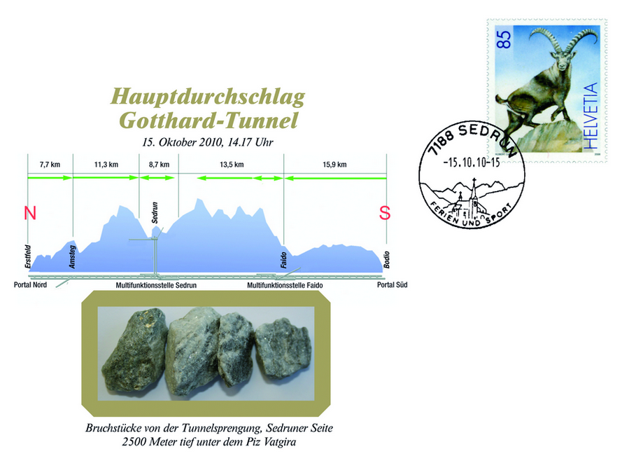 2010, Gotthard-Souvenir-Beleg mit echtem Stein aus dem Gotthard-Tunnel