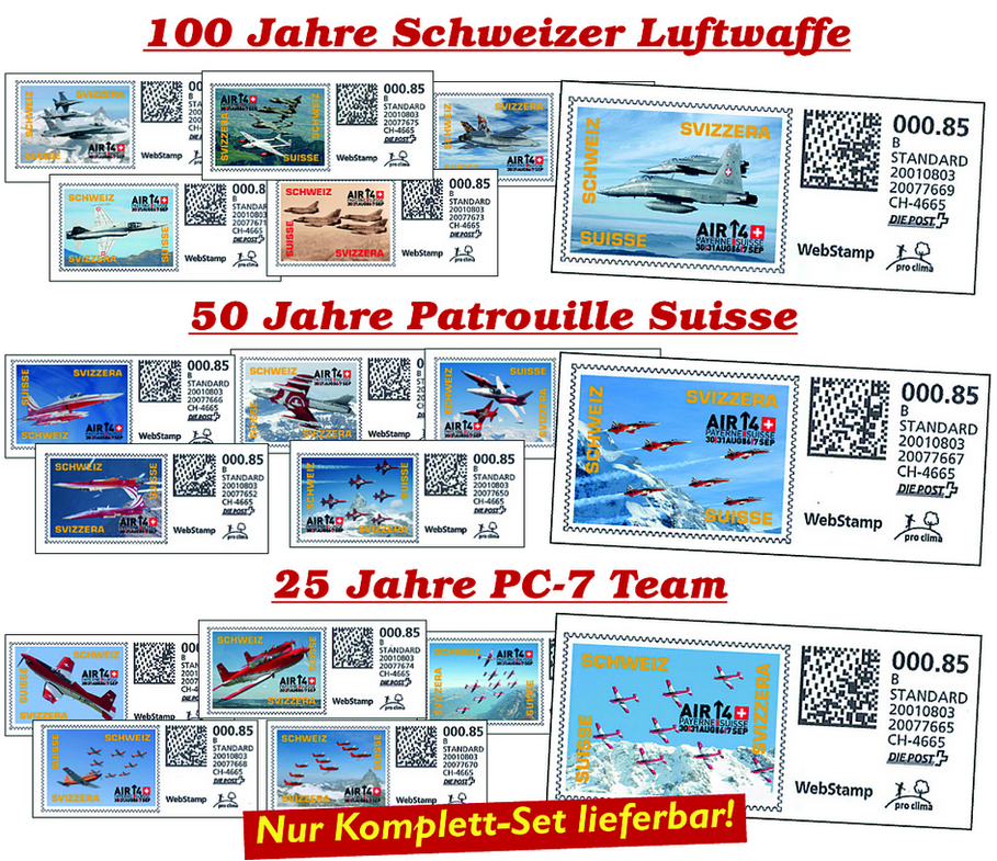2014, 18 exkl. Schweizer WebStamps zu den Jubiläen "100 Jahre Schweizer Luftwaffe", "50 Jahre Patrouille Suisse" und "25 Jahre PC-7 Team"