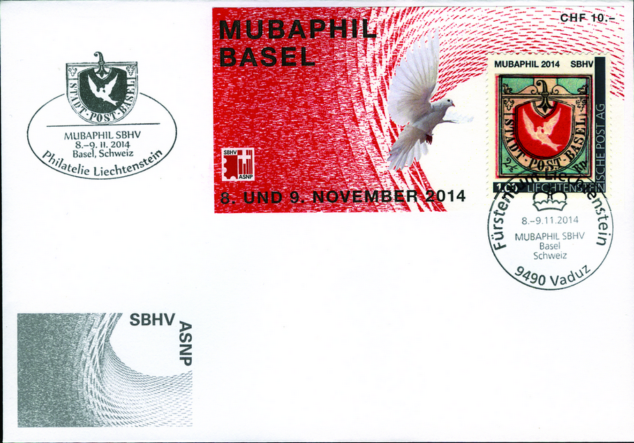 2014, Beleg Mubaphil Basel mit Vignette Mubaphil Basel 8. und 9. November 2014 und personalisierte Briefmarke der Liechtensteinischen Post AG