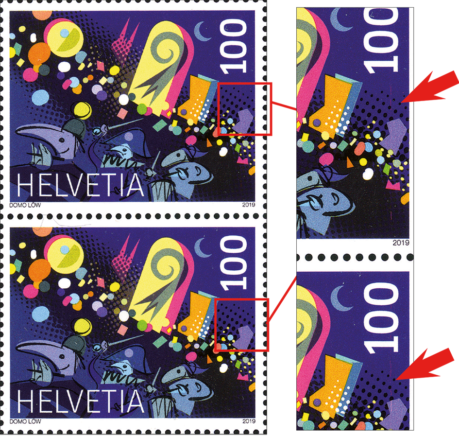 100 Rp. Basler Fasnacht, "Senkrechter, roter Wischstrich über zwei Marken"