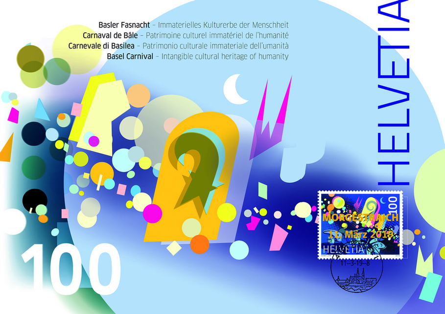 2019, Basler Fasnacht - immaterielles Kulturerbe der Menschheit mit Gold-Überdruck MORGESTRAICH 11. März 2019