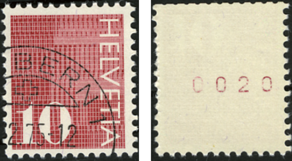 10 Rp. rotbraun, "Ohne gelblichen Leuchtstoff" und "Rückseitige Kontrollnummer 4-stellig"