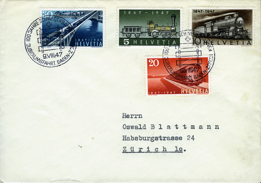 1947, 100 Jahre Schweizer Eisenbahnen, 5 Rp. Erste Dampflokomotive