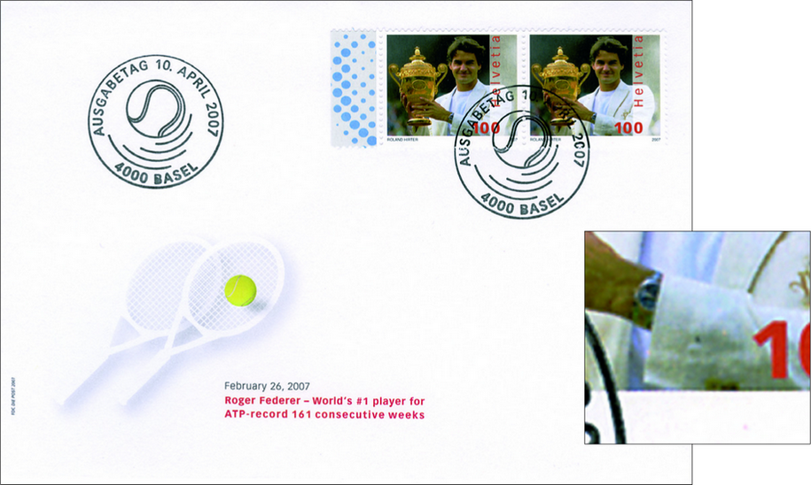 100 Rp. Roger Federer, "Schwarzer Manschettenknopf am Ärmel"