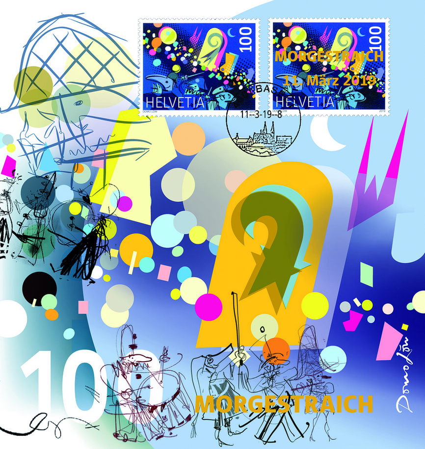 2019, Basler Fasnacht -Normalmarke und Marke mit Goldaufdruck und ET-Stempel