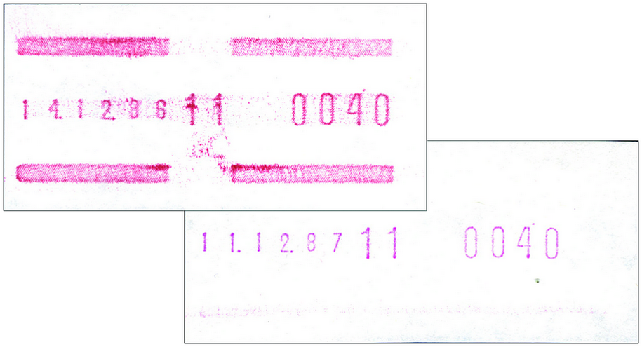 1987, Schalterfreistempel, "Farbe rosa statt lila, einmal Rahmen fehlend und einmal statt Rahmen mit vier Balken"