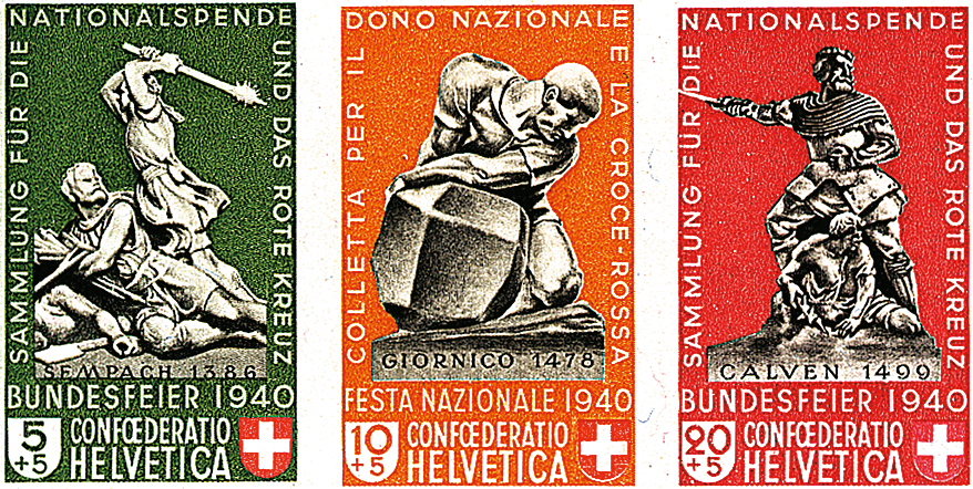 5+5 Rp. Sempach, 10+5 Rp. Giornico und 20+5 Rp. Calven