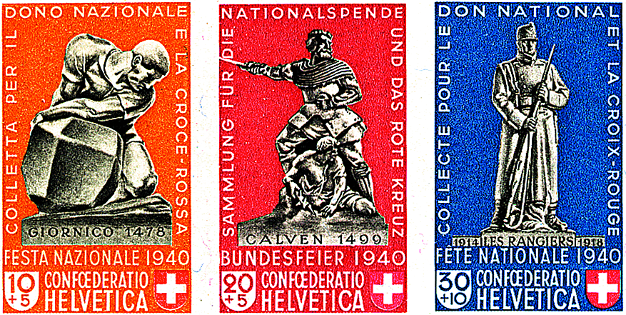 10+5 Rp. Giornico, 20+5 Rp. Calven und 30+10 Rp. Les Rangiers