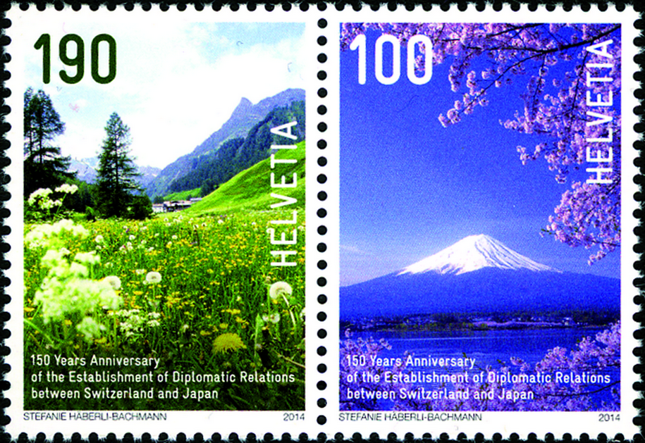 190+100 Rp. Berg Fuji und Kirschblüten+Frühling in den Schweizer Bergen