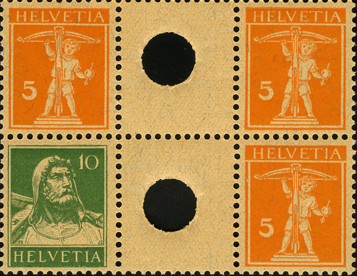 5+5 Rp., rotorange, 10+10 Rp. grün u. rotorange, sämisch