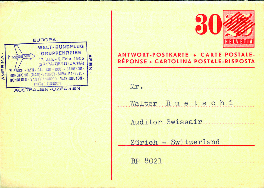 1965, Bordpost Swissair, Weltrundflug (GB Nr.10b)