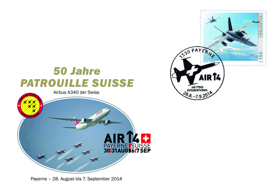 2014, Airbus A340 mit der Patrouille Suisse an der AIR 14