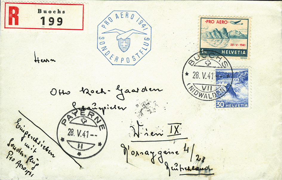 1941, Buochs-Payerne und Payerne-Buochs, Zusatzstempel deutsch