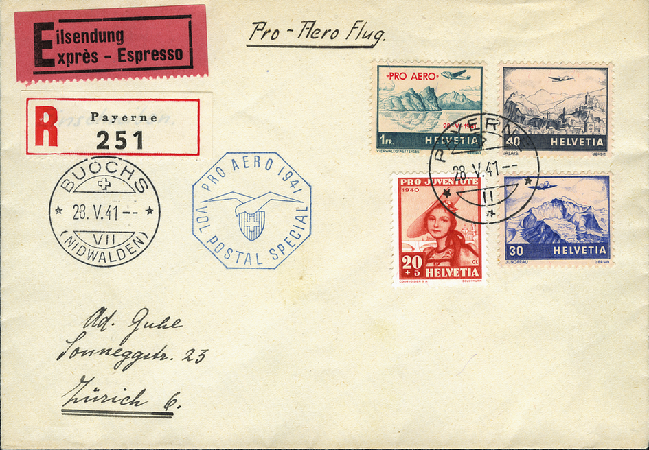 1941, Buochs-Payerne und Payerne-Buochs, Zusatzstempel französisch