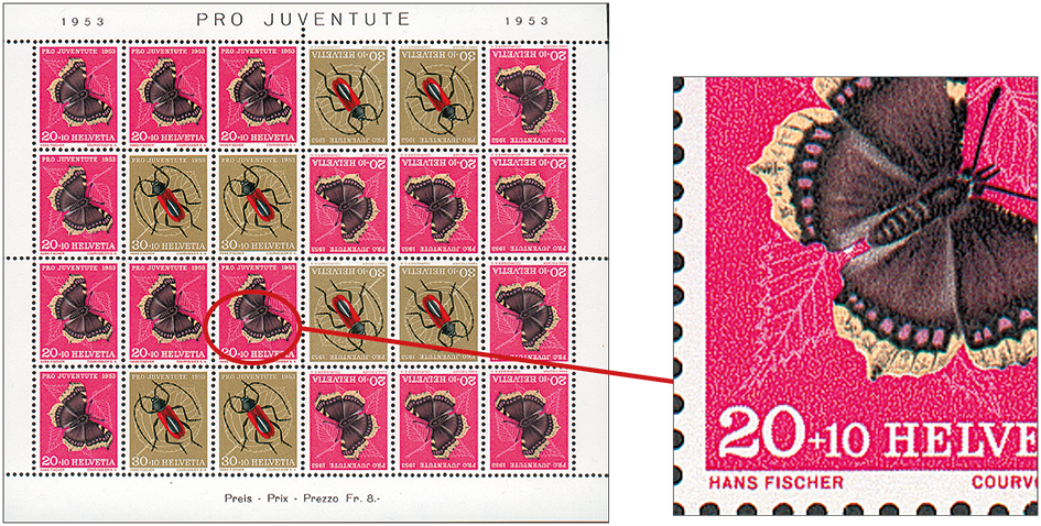 1953, Kehrdruckbogen, 20 Rp. Trauermantel + 30 Rp. Purpur-Bockkäfer, Abart &quot;Schmetterling Ei&quot;