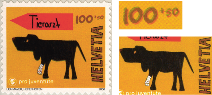 100+50 Rp. Tierärztin, "Unterdruck stark verschoben, dadurch Schrift schattiert"