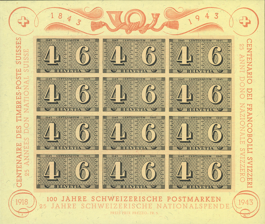 1943 Luxusblatt 100 Jahre Schweizerische Postmarken