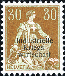 30 Rp. Helvetia mit Schwert, hellbraun-grün