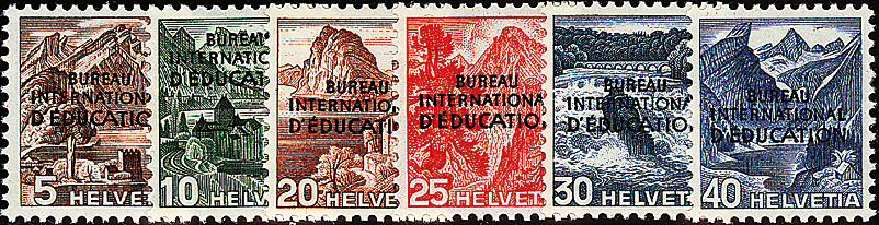 1948, Farbänderung der Landschaftsbilder und geänderter Aufdruck &quot;BUREAU INTERNATIONAL D'ÉDUCATION&quot;