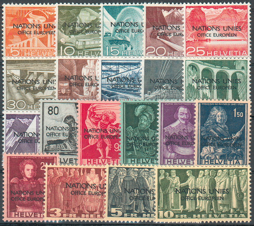 1950, Freimarken mit Aufdruck "NATIONS UNIES OFFICE EUROPÉEN"