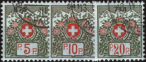 1911-1926, Schweizer Wappen und Alpenrosen, blaugrünes Papier