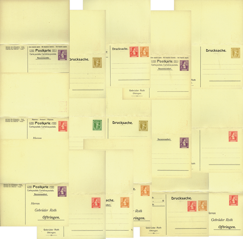 1907, private Doppelpostkarten 10 Rp.+12 Rp. +15 Rp. Helvetia Brustbild rot-ocker-lila