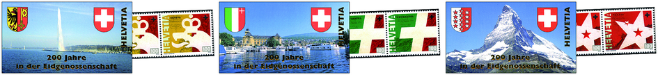 2015, 200 Jahre in der Eidgenossenschaft, Genf, Neuenburg, Wallis, 3 Markenhefte