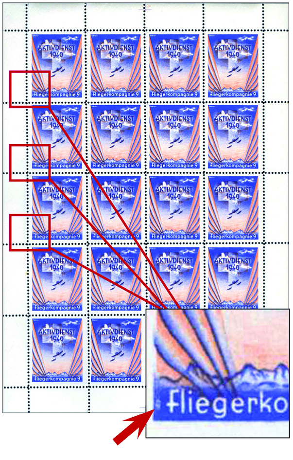 1940, Fliegerkompagnie 9, "Grosser, weisser Putzer neben F von Fliegerkompagnie (1.,5. und 9.Marke)