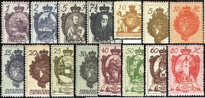 1920, Wappenmuster, Landschaften und Fürstenbilder