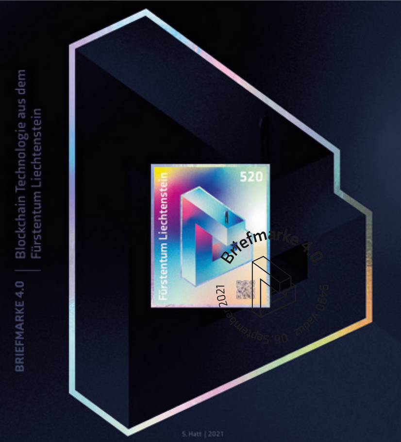 2021, Briefmarke 4.0 Blockchain Technologie aus dem Fürstentum Liechtenstein, ungezähnte Sonderedition