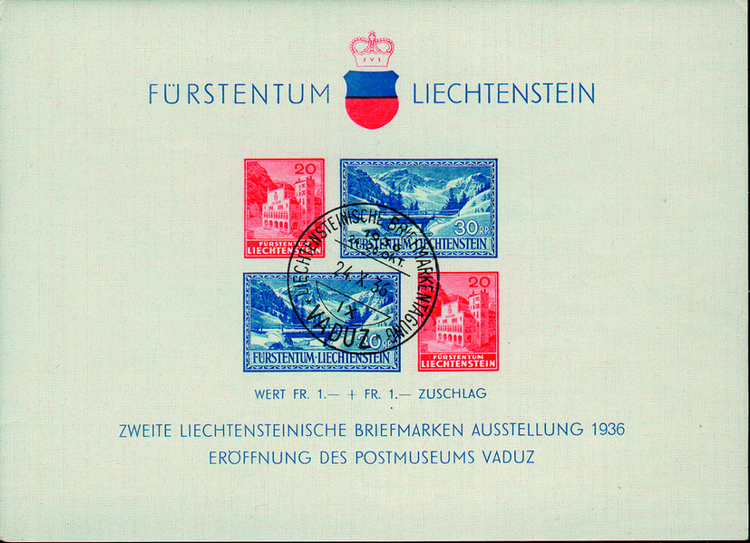 1936, 2. Liechtensteinische Briefmarkenausstellung und Eröffnung des Postmuseums in Vaduz