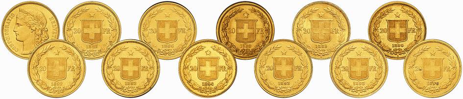 1883+1886, 1889-1896, Komplett-Sammlung (ausser 1888) 20-Franken-Goldmünzen "HELVETIA"