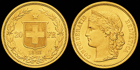 1883, 20 Fr. Goldmünze "HELVETIA"