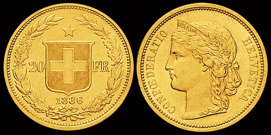1886, 20 Fr. Goldmünze "HELVETIA"