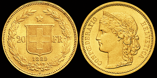 1889, 20 Fr. Goldmünze "HELVETIA"