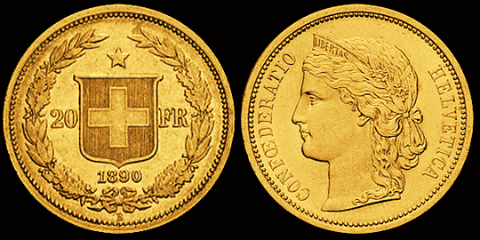 1890, 20 Fr. Goldmünze "HELVETIA"