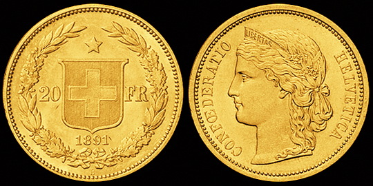 1891, 20 Fr. Goldmünze "HELVETIA"